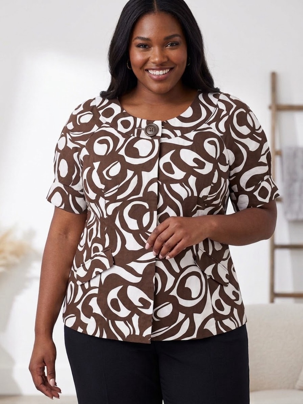 Lane Bryant Brown & White Abstract Button-Front Top